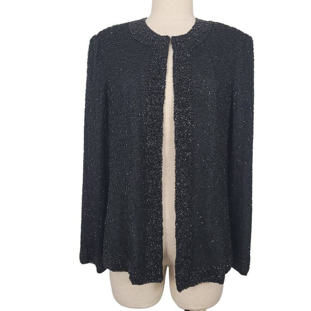 VTG Laurence Kazar Beaded‎ Sequin 100% Silk Evening Jacket Sz PM Sparkly Mature
